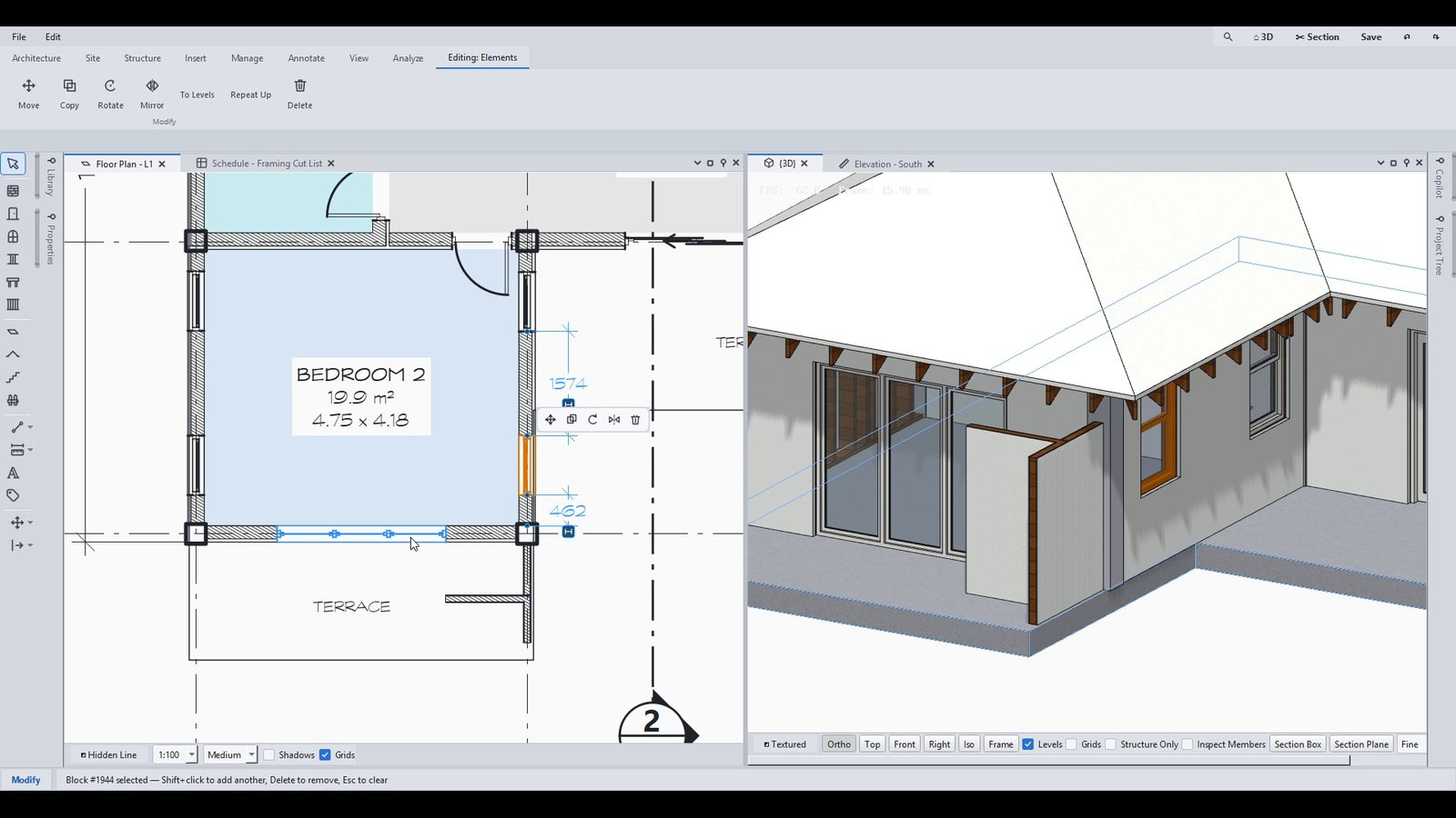 Northsill with a floor plan and the 3D view side by side, a wall selected in both