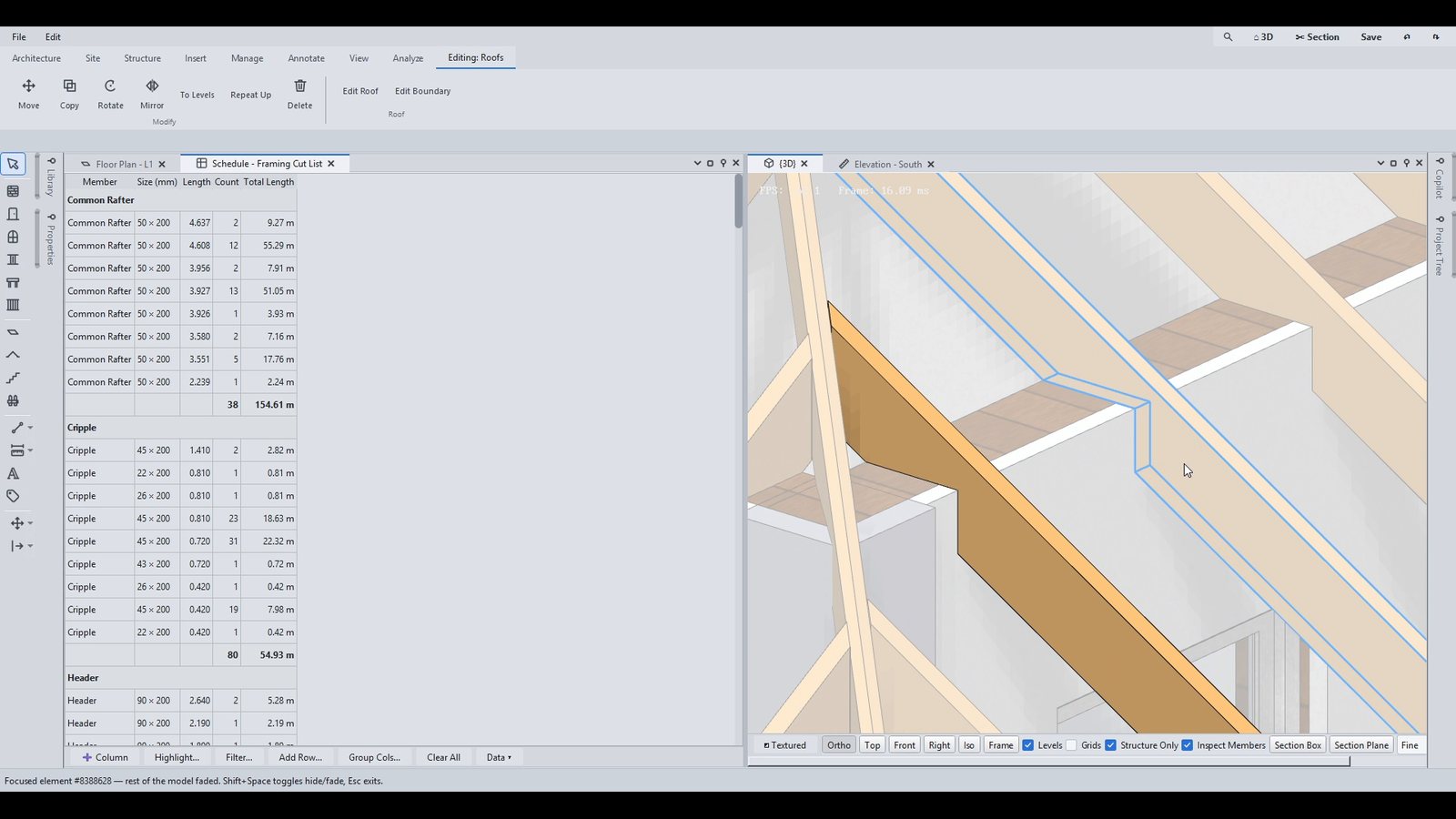 A framing cut list schedule beside the 3D view, with one rafter selected and its cut data shown