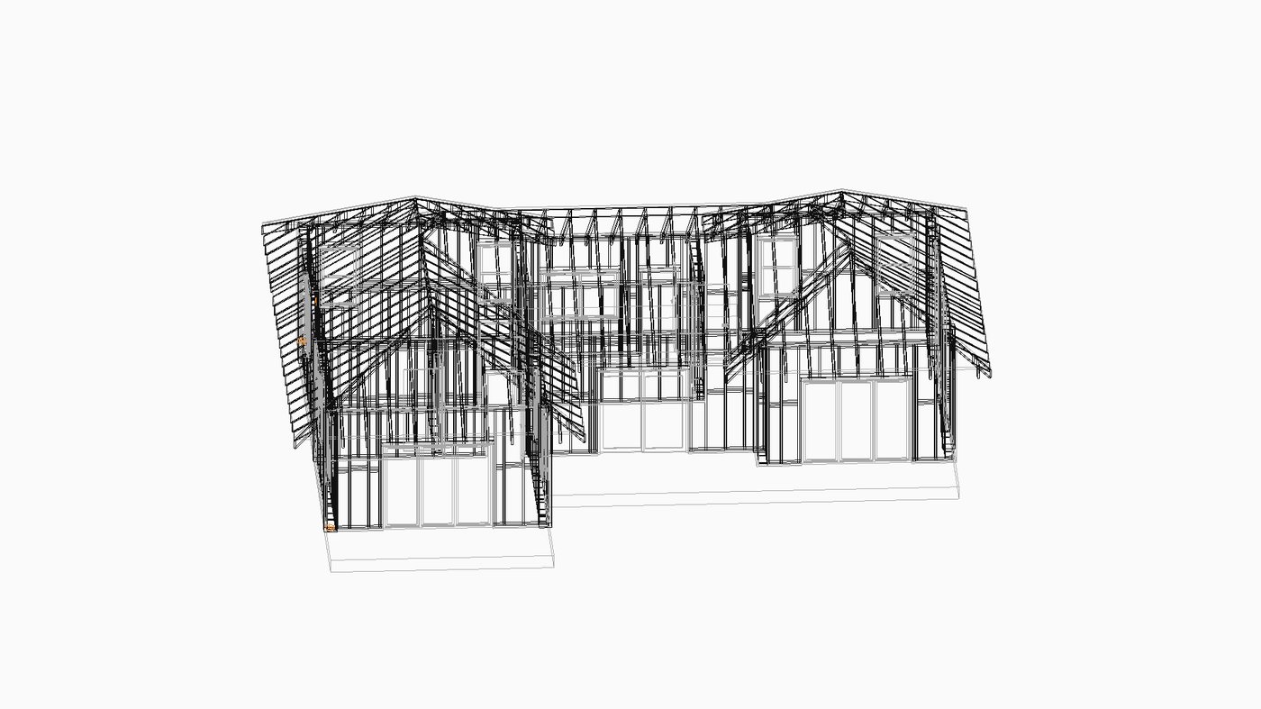 A hidden-line x-ray of the same house showing every stud, plate and rafter